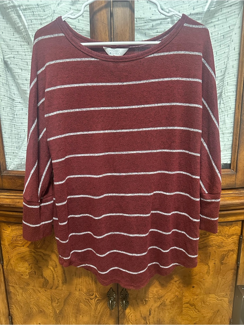 Market & Spruce Maroon and White Striped Crew Neck Sweater